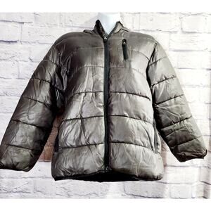 Old Navy Gray Silver Puffer Jacket Medium Hooded Lightweight Soft Cozy